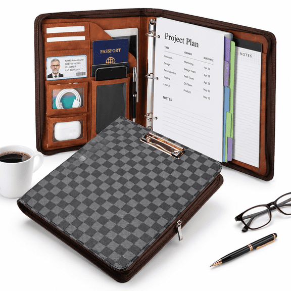 Black Grid 1 Inch 3 Ring Zipper Binder Leather Padfolio Portfolio Letter Size