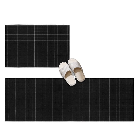 Black Grid 2 Pieces Non-Slip Kitchen Mat Set, Square Frame Pitch Black Plaid French Country Minimalist Soft Door Mat with Rubber Backing, Dirtproof Rugs for Entrance Doorway, 15.7x23.6in+15.7x47.2in