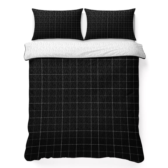 Black Grid 3 Piece Quilt Bedding Set with 2 Pillow Shams, Square Frame Pitch Black Plaid French Country Minimalist Lightweight Bedspread Coverlet, Soft Breathable All Season Quilt, 79 x 90 Inch