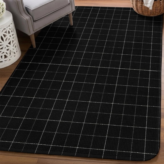 Black Grid Area Rugs for Living Room 5x7, Square Frame Pitch Black Plaid French Country Minimalist Washable Area Rug Non Slip, Stain Resist Linen Carpet for Bedroom, Dining Room, Entryway, Entrance