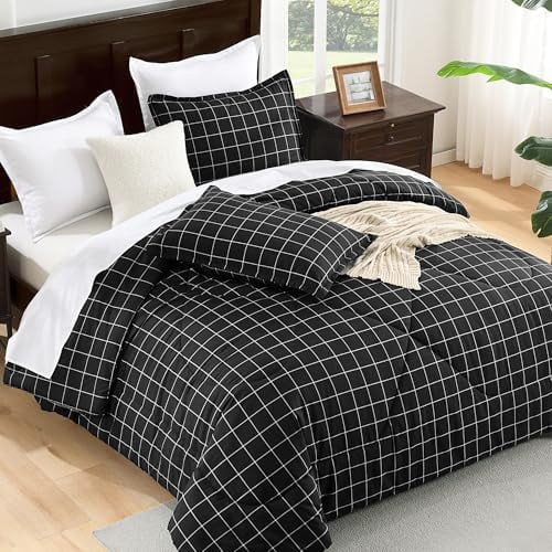 Black Grid Comforter Set King Size (104x90 Inch), 3 Pieces(1 Grid Comforter and 2 Pillowcases), Summer Lightweight Microfiber Down Alternative Black Comforter with White Lines