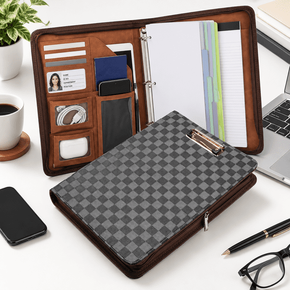 Black Grid Leather Padfolio Portfolio 1 Inch 3 Ring Binder Letter Size Clipboard with Storage