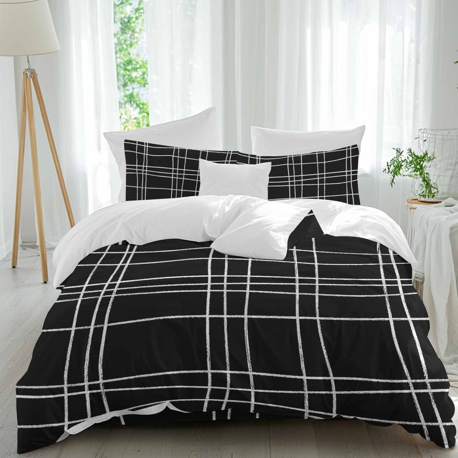 Black Grid Line 4 piece Duvet Cover Set, Comfort Bedding Set Twin Size ...