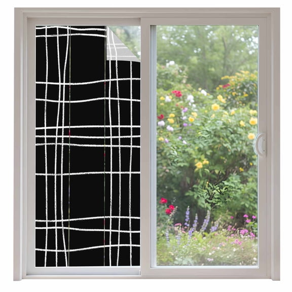 Black Grid Line Window Privacy Film Modern Minimalist Abstract White Linear Check Decorative Glass Window Film UV Blocking Static Cling Non-Adhesive Sticker Covering for Home Door 35.4x78.7 inches