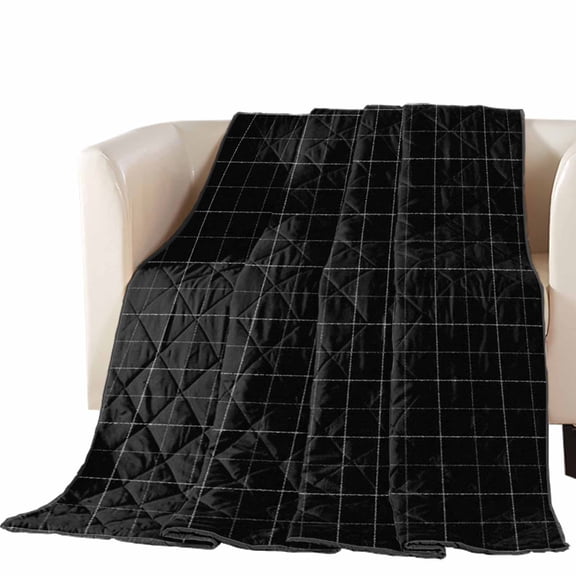 Black Grid Quilted Comforters Cooling Blanket Queen Size, Square Frame Pitch Black Plaid French Country Minimalist Cold Comfort for Hot Sleepers Lightweight Air Conditioning Quilt Blanket for Bed