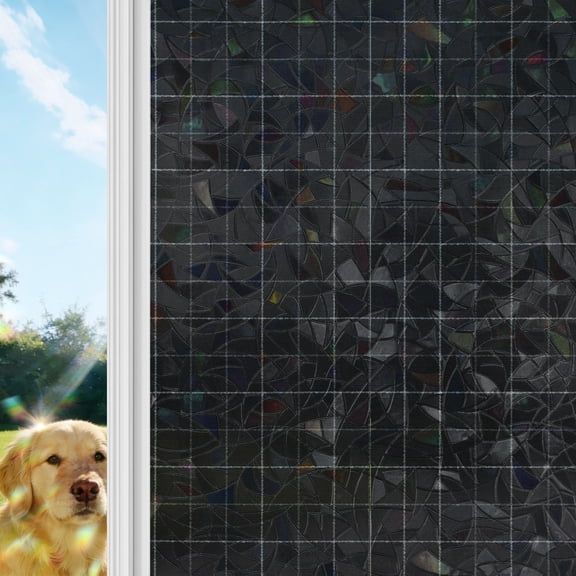 Black Grid Rainbow Window Privacy Film, Square Frame Pitch Black Plaid French Country Minimalist Stained Glass Window Film, Sun Blocking Glass Clings Non Adhesive Door Stickers 17.7 x 39.3 Inches