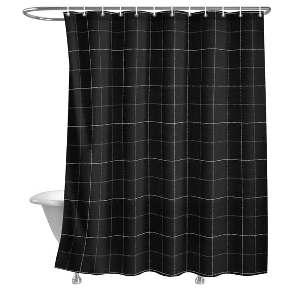 Black Grid Shower Curtain, Square Frame Pitch Black Plaid French Country Minimalist Lightweight Waterproof Fabric Shower Curtain with Rustproof Grommets for Bathroom Bathtub 36x72in
