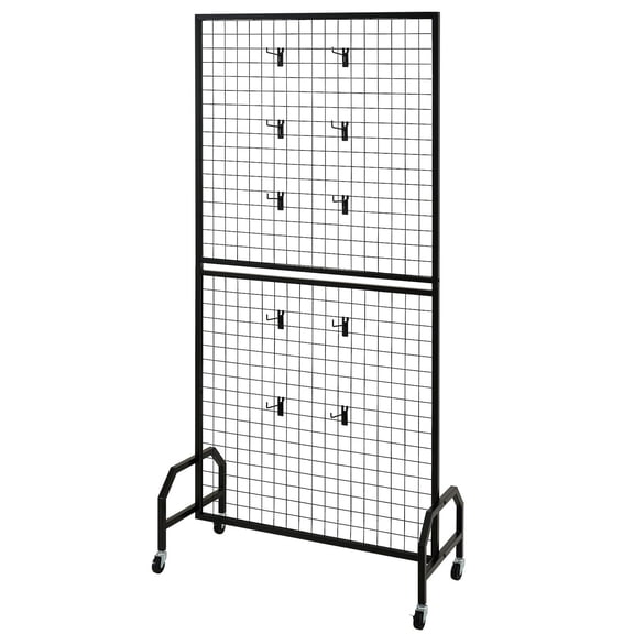 Black Grid Wall Display on Wheels, 2 Panels 2.9ft x 5.9ft Each, Portable Art & Craft Exhibit Rack with S-Hooks, Carbon Steel