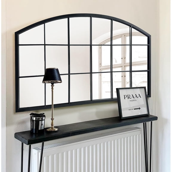 Black Grid Wall Mirror,Wide Window Pane Black Mirror,Farmhouse Arched Wall Mirror,Mantel Mirror for Fireplace/Entryway/Hallway/Living Room,44X28