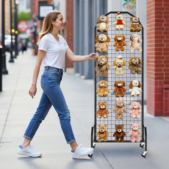 Black Grid Wall Panels, 2-Pack (1.9ft x 5.4ft Each) with Wheels & 20 Hooks, Mobile Art Display Shelf for Craft Shows, Retail Decor, Storage