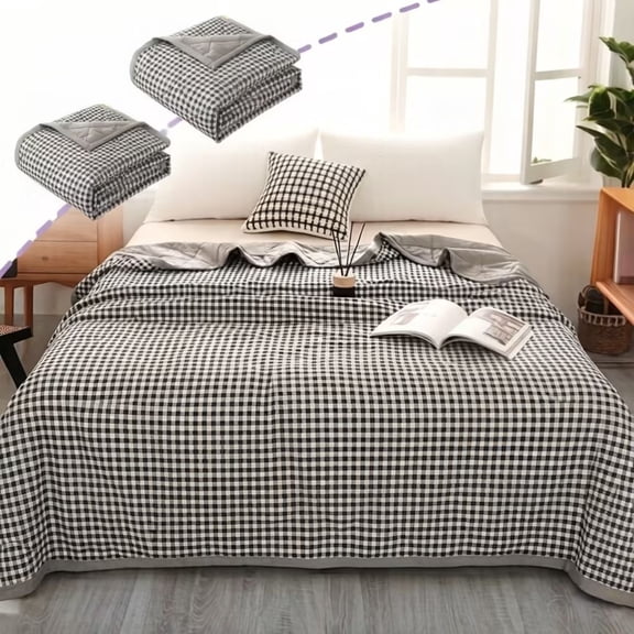 Black Grid Washed Cotton Summer Cooling Quilt, 100% Washed Cotton Ultra Soft Skin-Friendly for Naked Sleeping, Breathable Lightweight Air Conditioner Comforter, Home Bedroom Summer Bedding, Black-M
