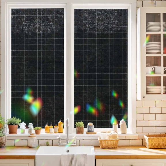 Black Grid Window Privacy Film Square Frame Pitch Black Plaid French Country Minimalist Static Cling Stained Glass Window Film Non-Adhesive Decorative Decals Rainbow Sticker 17.7"X39.3"