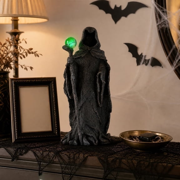 Black Grim Reaper Statue Halloween Figure, Resin Skeleton Death Ornament for Shelf Mantel, Spooky Gothic Home Decor for Halloween Party Display