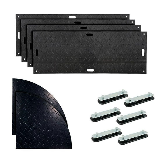 Black Ground Protection Mats 4ft (W) x 8ft (L) with 4'x4' Heavy-Duty Curved Mats and Single Connectors, Two-Way Locking System