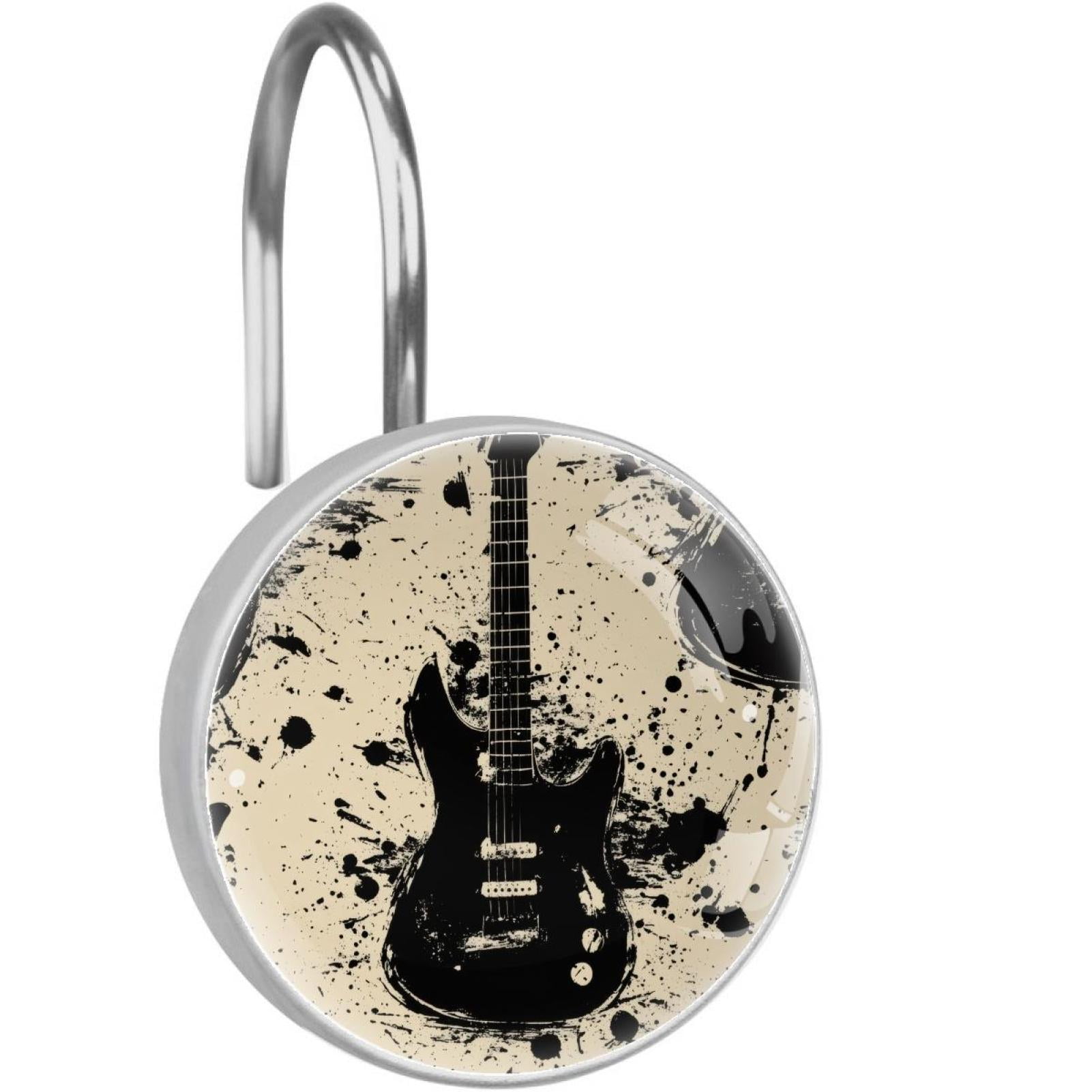 Black Grunge Guitar Silhouette Shower Curtain Hooks Round Crystal Glass, Set of 12 Shower Curtain Rings - Shower Hooks for Curtain Shower Rings