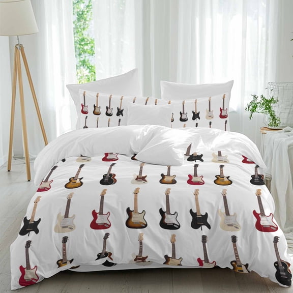 Black Guitar Queen Size Comforter Set, Music Instrumentation Abstract Modern Style Bedding for All Seasons, 4 Pcs Bed Set, 1Quiltcover (90"x92") ,1Sheet(94"x116"), 2Pillowcases (30"x20")