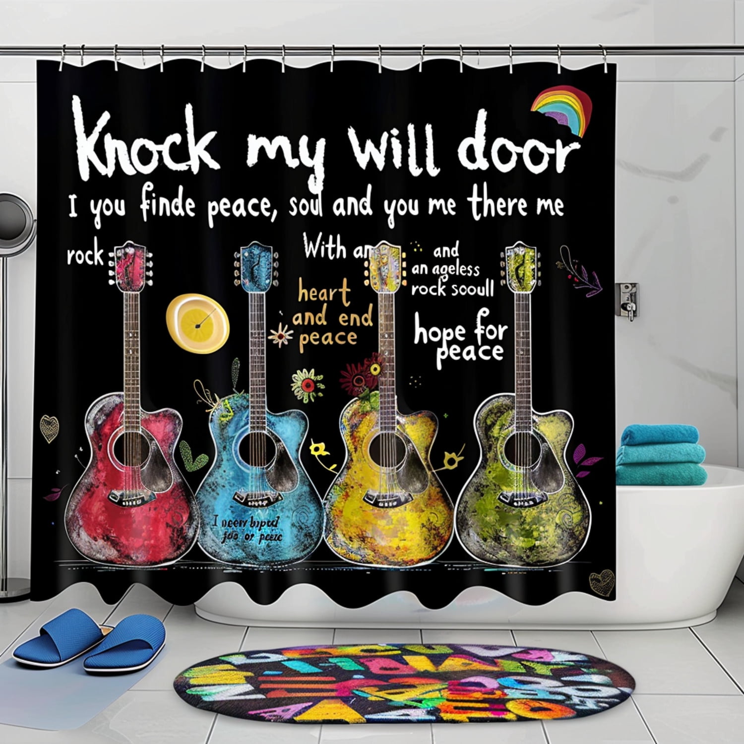 Black Guitar and Hippie Theme Shower Curtain Knock on My Door Peace