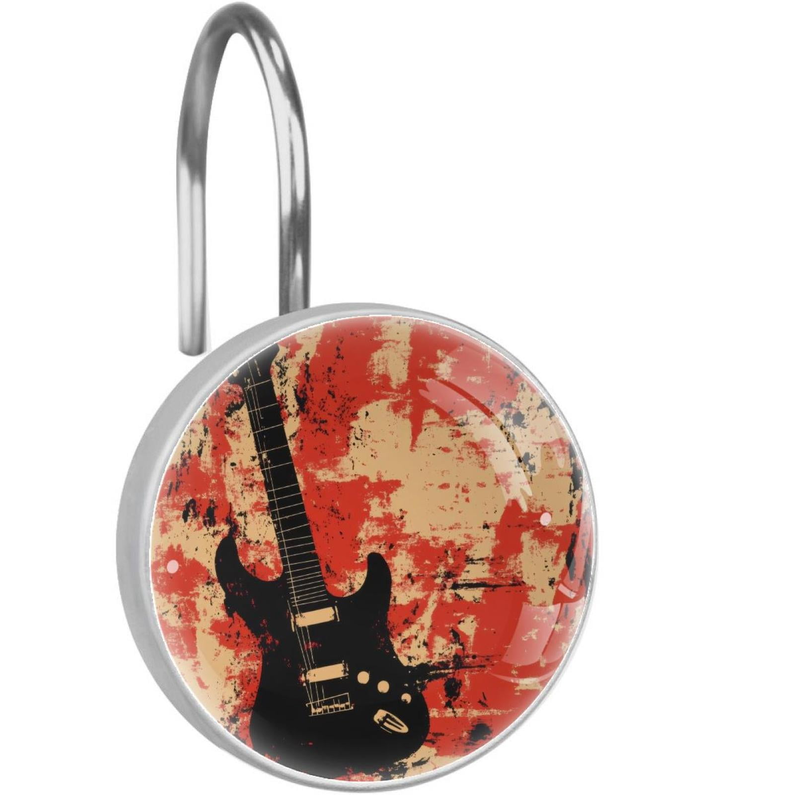 Black Guitar on Red Grunge Shower Curtain Hooks Round Crystal Glass, Set of 12 Shower Curtain Rings - Shower Hooks for Curtain Shower Rings