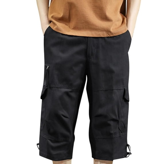 Black Gym Shorts Men Athletic Men'S Shorts Mens Shorts Long Cargo Shorts Cotton Elastic Waist Below Knee Hiking Short Casual Summer Outdoor Athletic Work Short