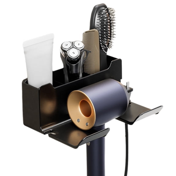 Black Hair Dryer Holder, Punch-Free Wall Mount Bathroom Organizer with Storage Compartments
