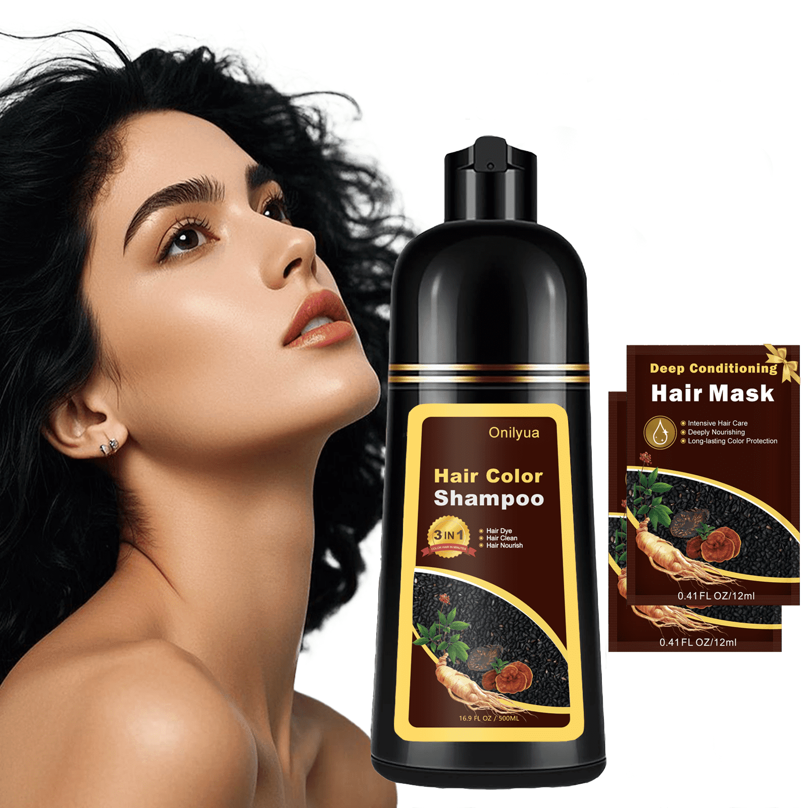 Black Hair Dye Shampoo 3 in 1, Long-Lasting Gray Coverage, Natural Black Hair Color Shampoo with Hair Masks, Easy Application Shampoo Para Canas for Women Men 16.9 Fl Oz