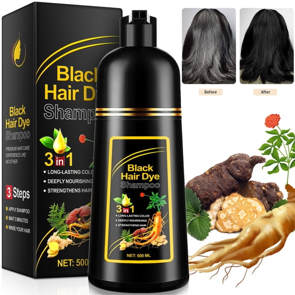 Black Hair Dye Shampoo 3 in 1 Hair Color Shampoo for Gray Hair Women Men Natural Ingredients 500ml