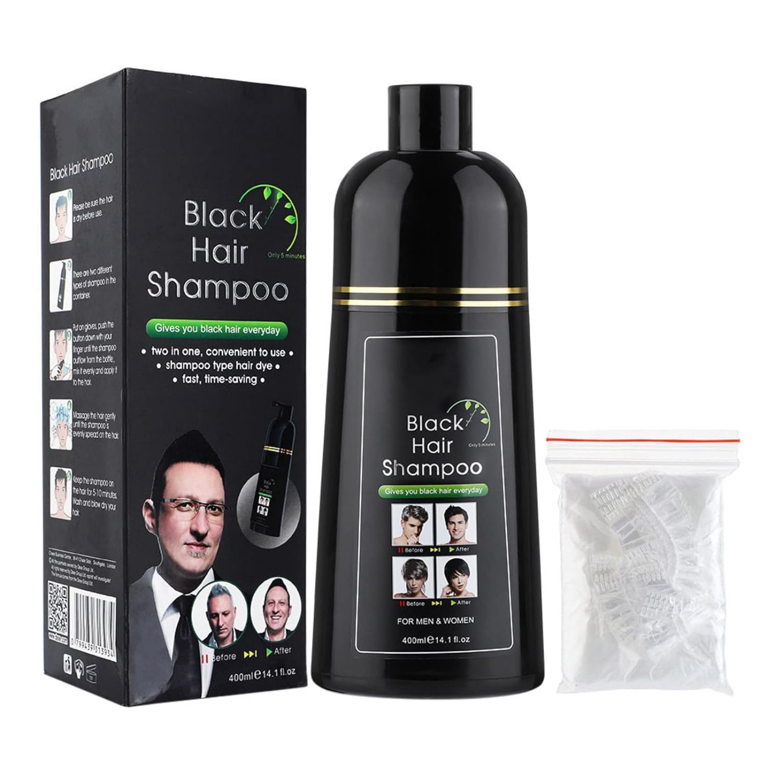 Black Hair Dye Shampoo, Instant Black Hair Color For Gray Hair Coverage 