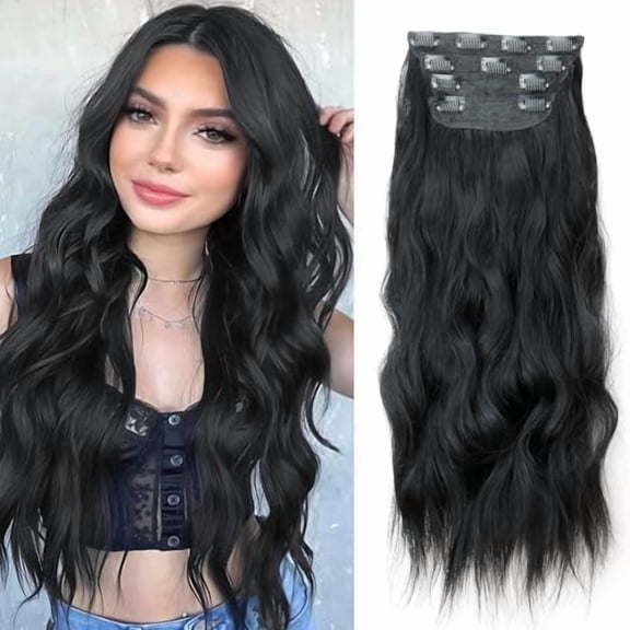Black Hair Extensions for Women 4 count Long Wavy Clip in Extensions 20 Inch Synthetic Hair Extensions Clip Ins Daily Party Use