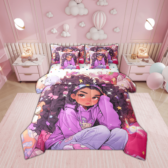 Black Hair Comforter Set 7 Piece Bed in a Bag Twin,American African Princess Magical Bedding Sets Afro Sheet Set with Comforter