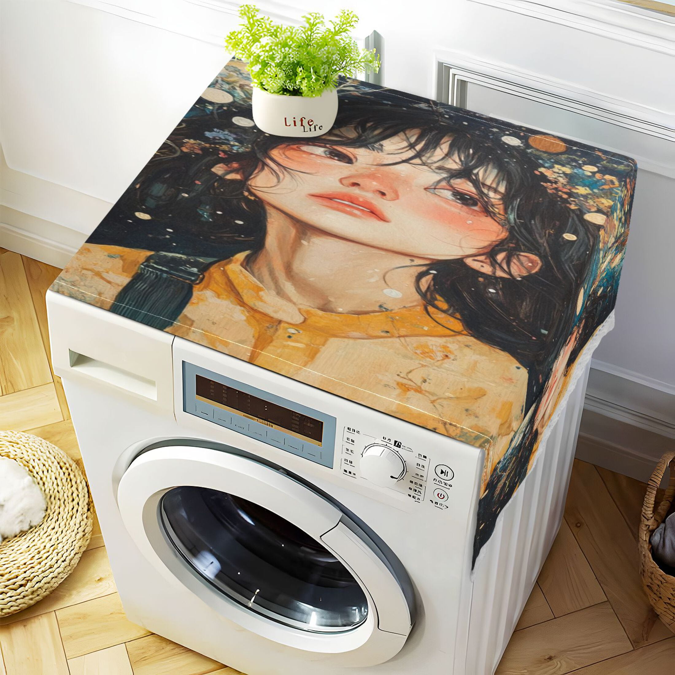 Black Hair GirlWasher and Dryer Covers Dust-Proof and Oil Resistant Fridge Cover with 4 Storage Pockets Washing Machine Top Cover for Laundry Kitchen Home 51.2 x 22 In