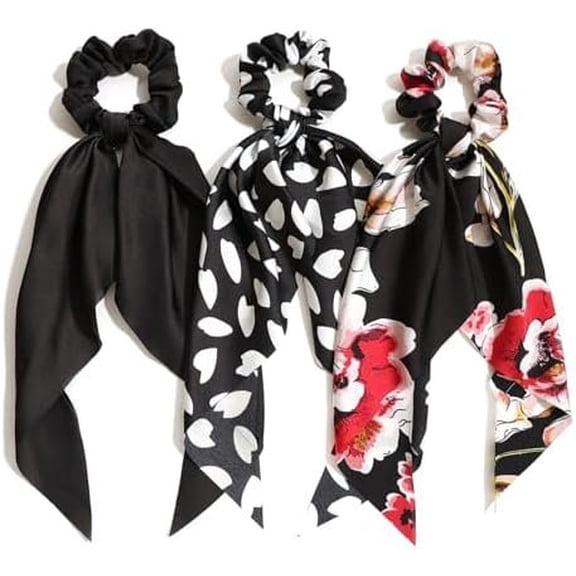 Black Hair Scarf Scrunchies for Women Knotted Bow Silk Hair Ties with Ribbons Elastic Rubber Bands Satin Scrunchy Ponytail Holders Accessories(Black,3pcs)