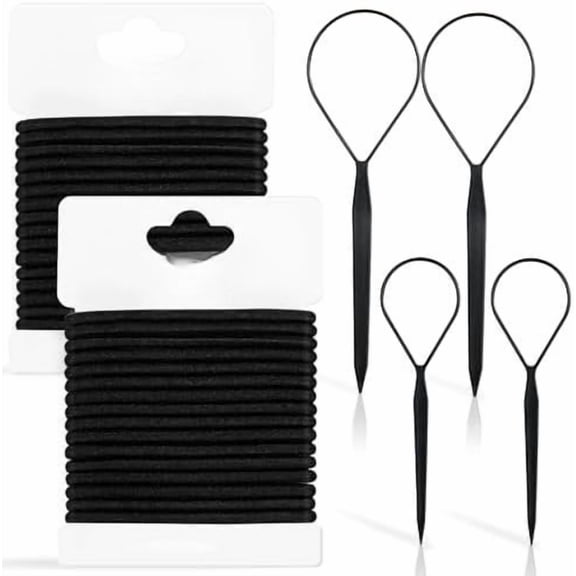 Black Hair Ties & Topsy Tail Hair Tools,4pcs Hair Loop Styling Tool, Elastic Hair Bands(32pcs/4+mm),Ponytail Holders for Thick and Curly Hair, Hair Pull Through Tool for Woman and Girl Hair Styling