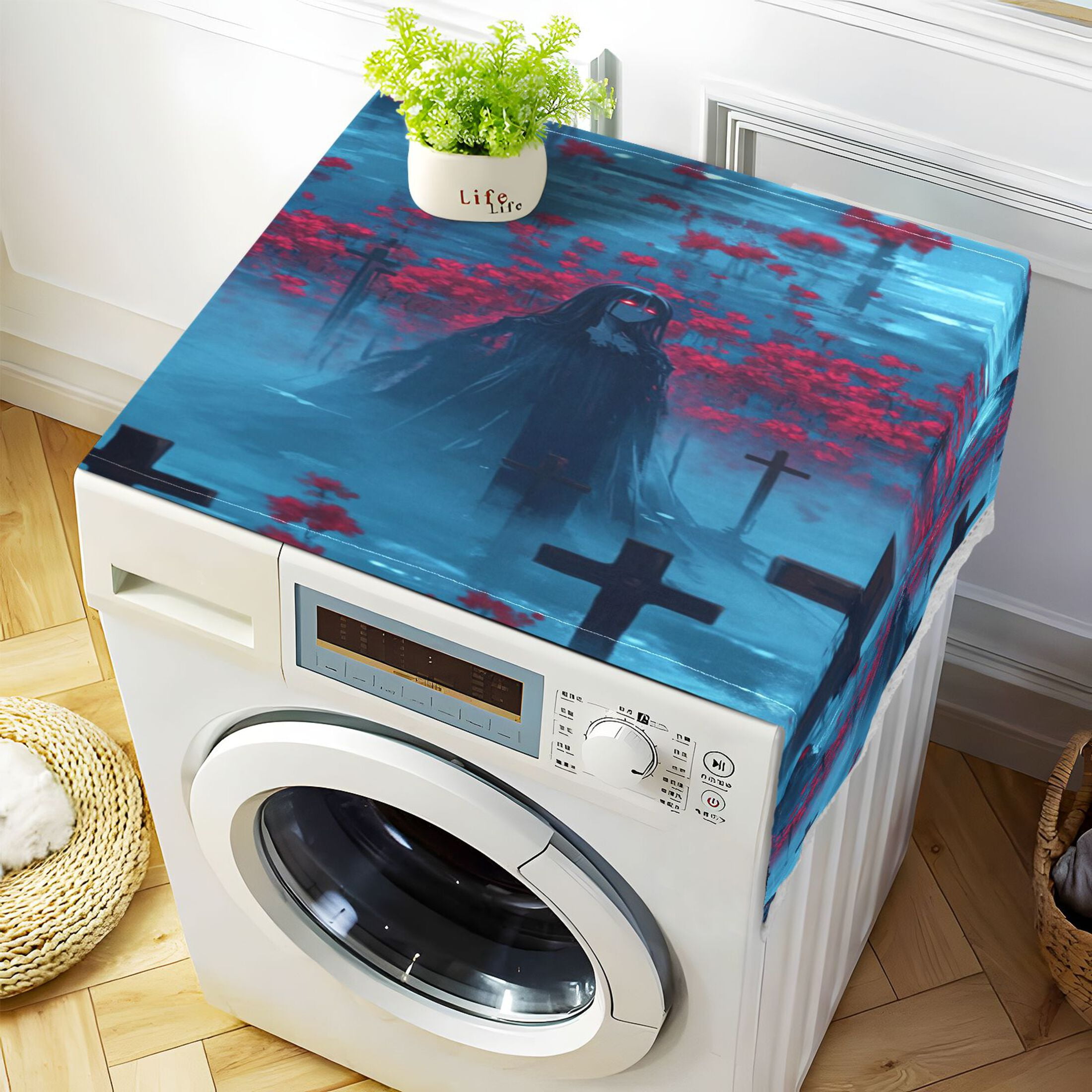 Black Haired GirlWasher and Dryer Covers Dust-Proof and Oil Resistant Fridge Cover with 4 Storage Pockets Washing Machine Top Cover for Laundry Kitchen Home 51.2 x 22 In