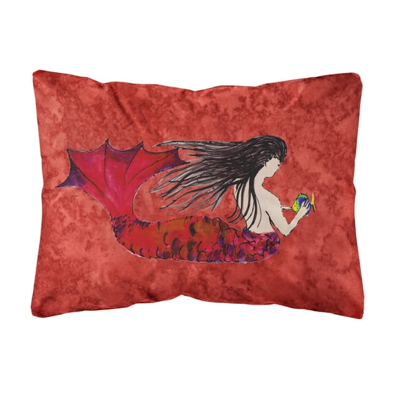 Black Haired Mermaid on Red Canvas Fabric Decorative Pillow