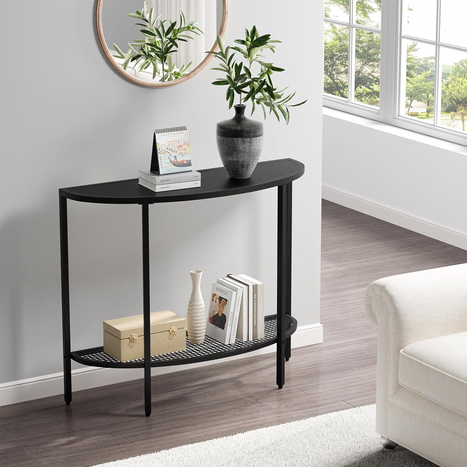 Black Half Moon Console Table 2 Tier Narrow Entryway Table with Storage Modern Couch Table Small Entry Way Tables Easy Assembly All Black Walmart