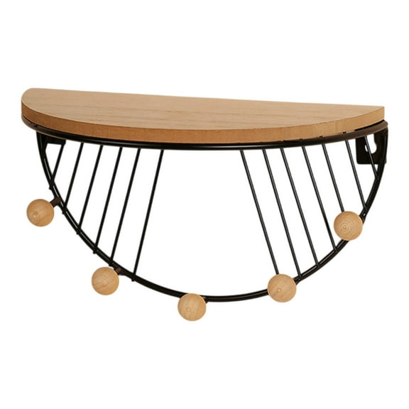 Black Half Round Wall Shelf With Iron Construction, Decorative Design And Wall Mounted Hooks For Home Decor, Living Room And Bedroom Storage, 9.84X5.71X4.92In, 0.75Lb