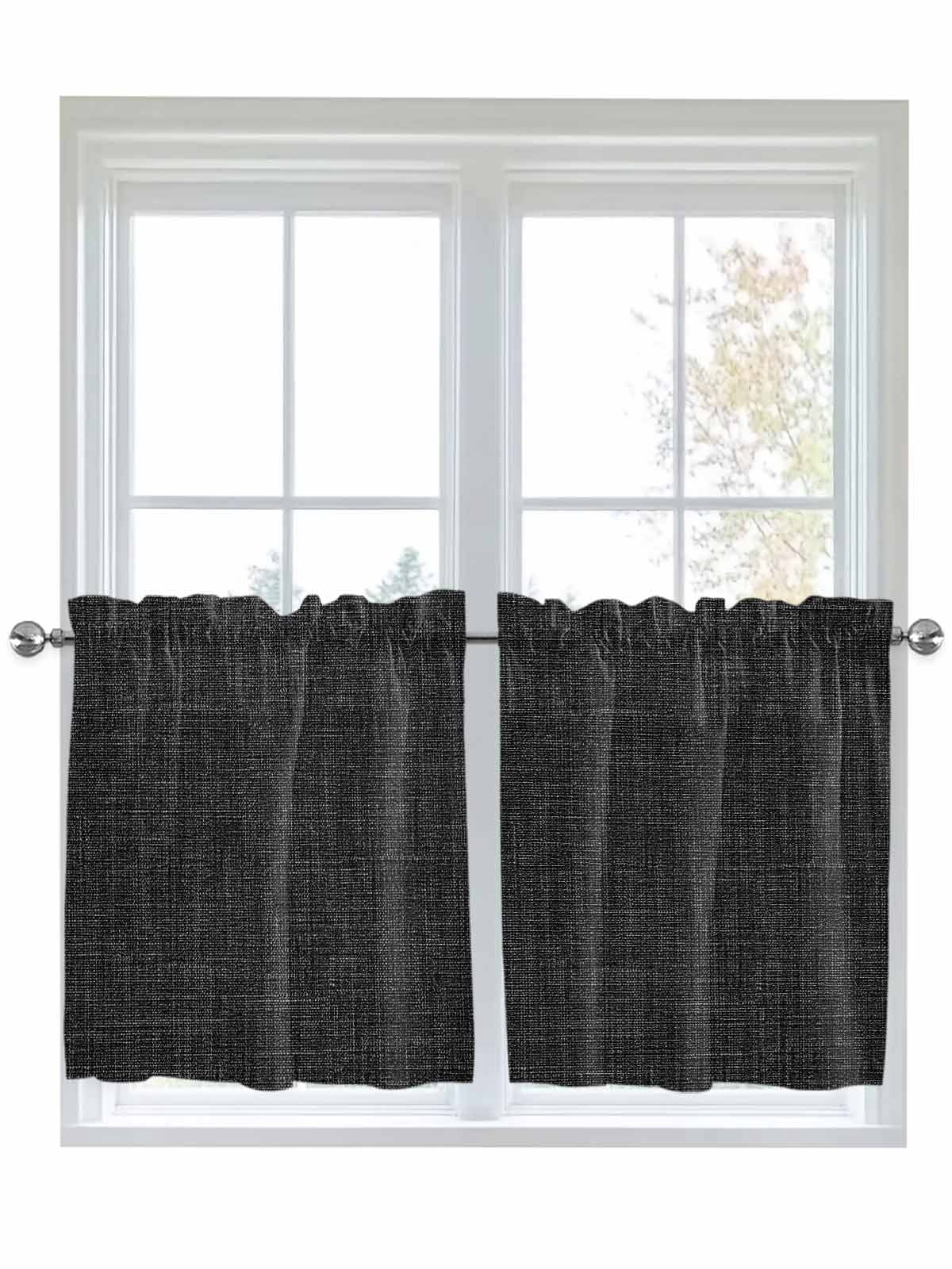 Black Half Window Curtain 36 Inches Long, Farmhouse Burlap Solid Black Color Modern Linen Texture Window Treatment Curtain Drapes, Small Tier Curtains for Bathroom Over Sink, 27.5"x36", 2 Panels
