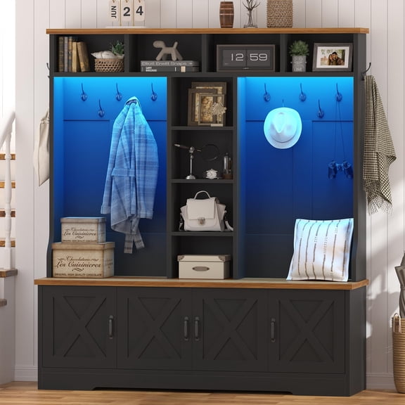 Black Hall Tree with Bench and Shoe Storage, Entryway Organizer with Coat Racks and Smart RGB LED Lights, Farmhouse Foyer Furniture for Home Entry, Engineered Wood