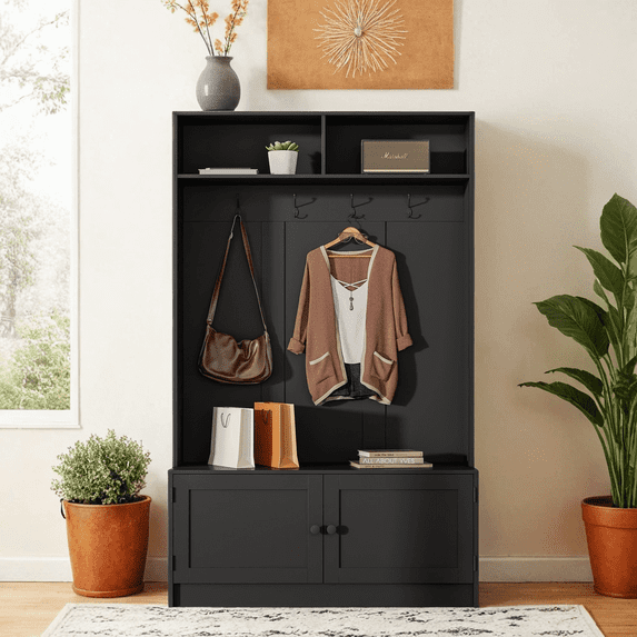 Black Hall Tree with Storage Bench, 70.9" Tall Entryway Bench with Shoe Storage, Coat Rack and Top Shelf, Freestanding Wooden Hall Tree with Bench for Entryway, and Hallway