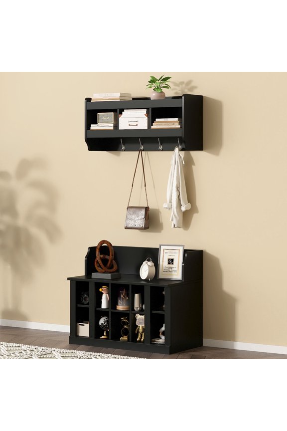 Black Hall Tree with 10 Storage Compartments | Bears Heavy Weight, Versatile for Small Items