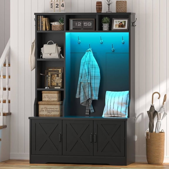Black Hall Tree with LED Lights, Coat Racks, Shoe Storage, and Adjustable Shelf
