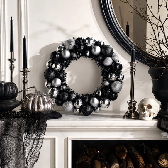 Black Halloween Ball Wreath, Glitter Shiny Bauble Wreath for Front Door Wall Window Indoor Outdoor Halloween Party Decor