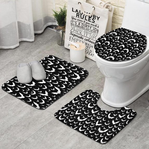 Black Halloween Bat Silhouettes Bathroom Rugs Sets 3 Piece,Toilet Cover Set,Absorbent Non Slip Bathroom Mats Sets with U-Shaped Contour Rug Toilet Rug Set