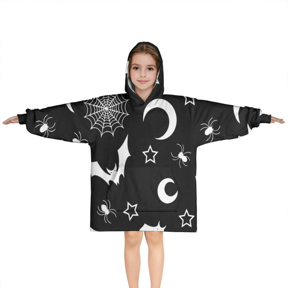 Black Halloween Bat Spider Pattern Blanket Hoodies for Kids 6-13YR Oversize Wearable Blanket Hoodies for Boys Girls Teens