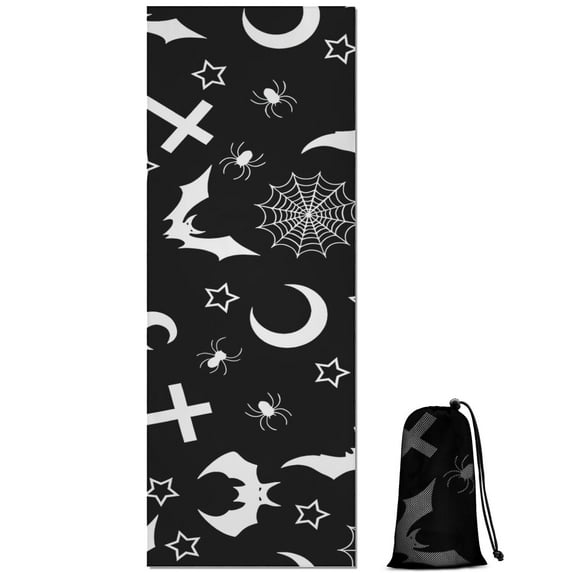 Black Halloween Bat Spider Pattern Hot Yoga Mat Towel Non Slip for Hot Yoga - Quick-Drying Yoga Mat Cover with 4 Corner Pockets with Travel Bag - Hot Yoga Towel Non Slip 70"x26"