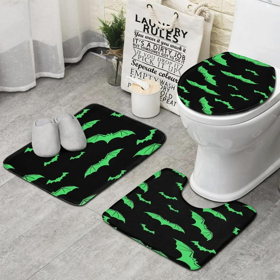 Black Halloween Bats with Green Bathroom Rugs Sets 3 Piece,Toilet Cover Set,Absorbent Non Slip Bathroom Mats Sets with U-Shaped Contour Rug Toilet Rug Set