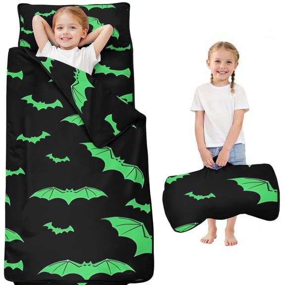 Black Halloween Bats with Green Toddler Nap Mats for Kids Preschool,51"x22" Sleeping Mat Bag or Kids,Toddler Sleeping Bag,Toddler Nap Mat or Daycare