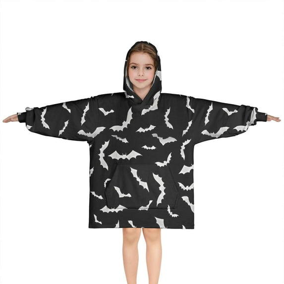 Black Halloween Bats with White Blanket Hoodies for Kids 6-13YR Oversize Wearable Blanket Hoodies for Boys Girls Teens