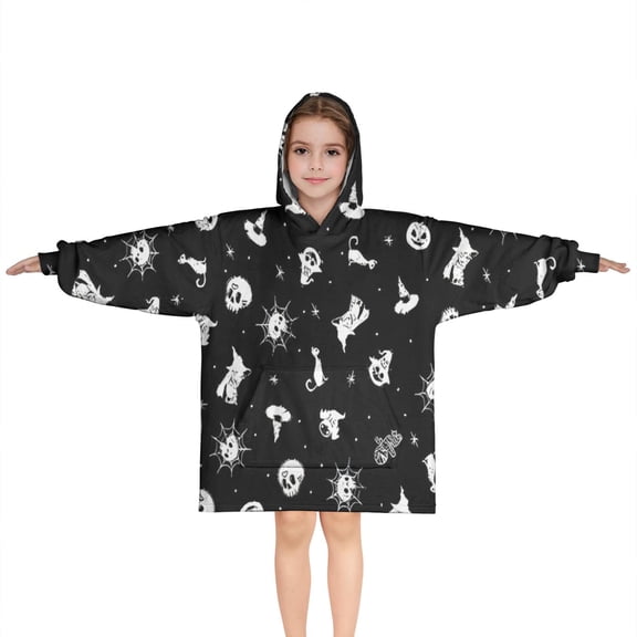 Black Halloween Cat Skull Pattern Blanket Hoodies for Kids 6-13YR Oversize Wearable Blanket Hoodies for Boys Girls Teens