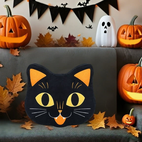 Black Halloween Cat Throw Pillow - 13.5x11.5in Spooky Decorative Cushion for Sofa, Bed & Home Decor - Soft Halloween Cat-Shaped Pillow for Living Room, Bedroom & Party Decorations